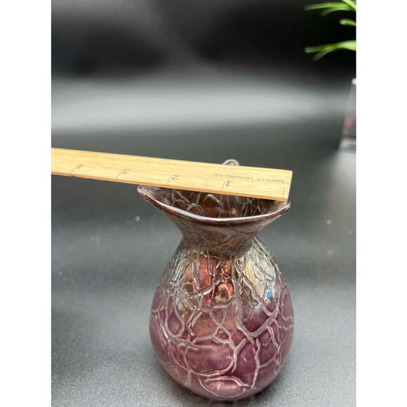 Read Studios 2000 Hand Blown Art Crinkle Glass Vase Plum Iridescent 4.25" signed - Picture 6 of 8